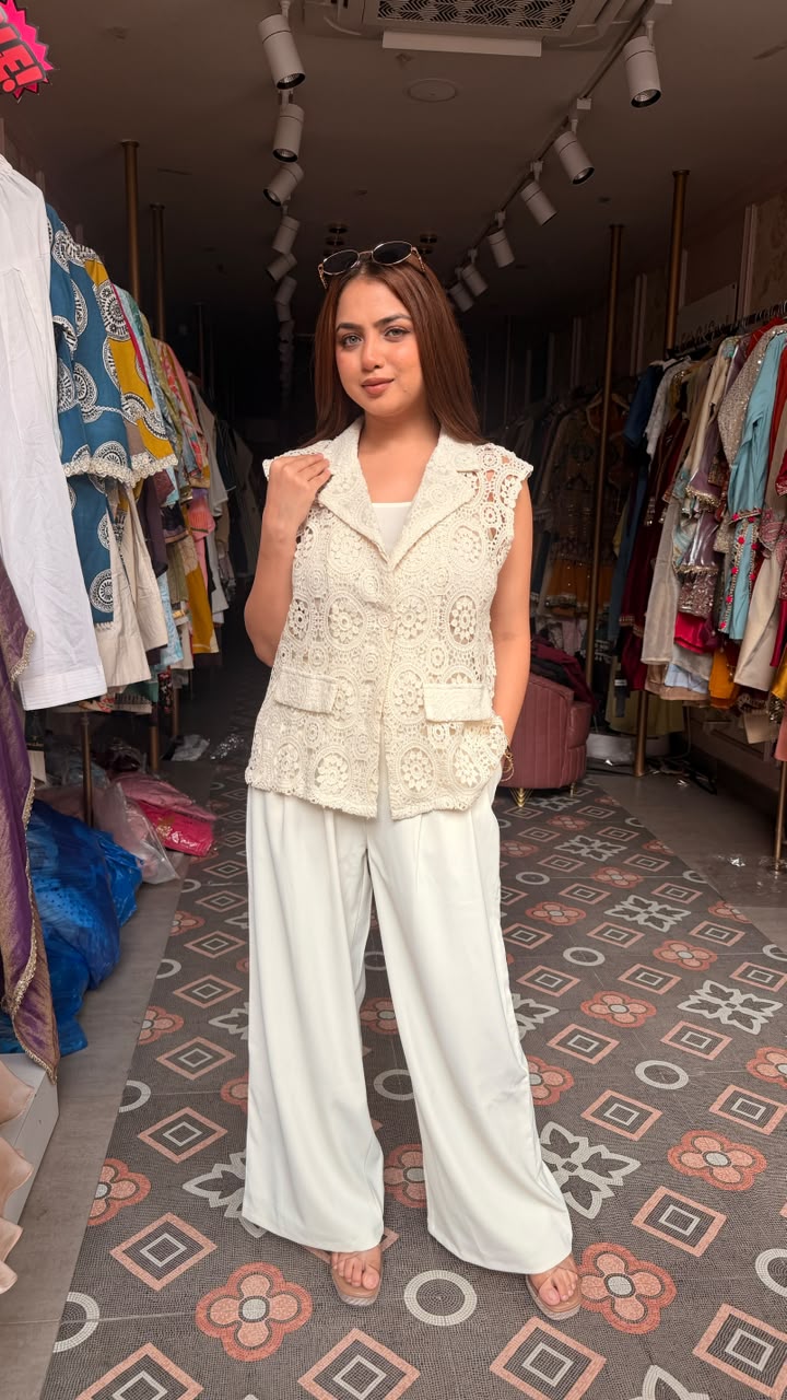 Tailored Crochet Lace Vest with Wide-Leg Pants