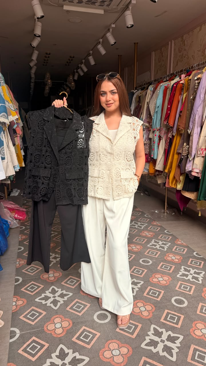 Tailored Crochet Lace Vest with Wide-Leg Pants