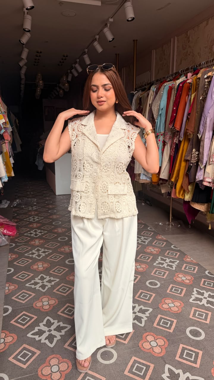Tailored Crochet Lace Vest with Wide-Leg Pants