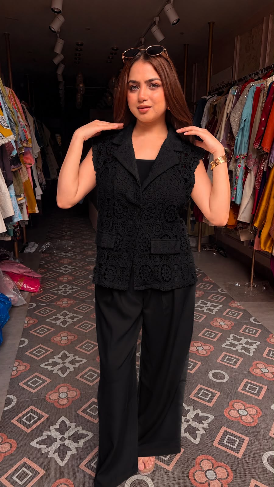 Tailored Crochet Lace Vest with Wide-Leg Pants