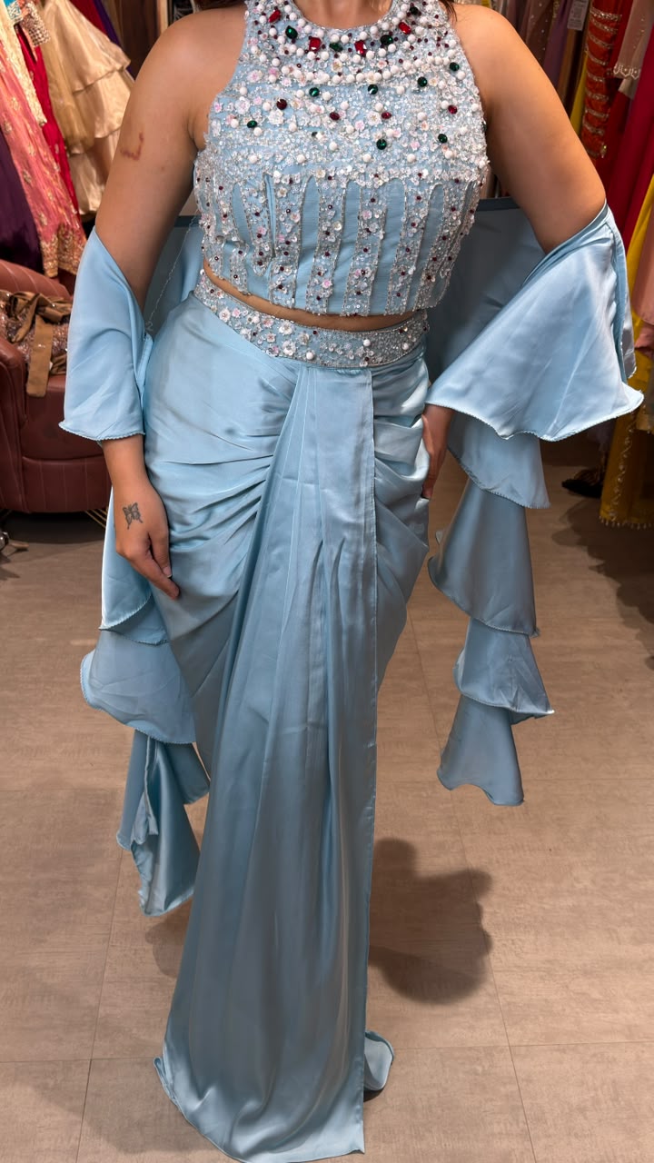 Designer Pre-Draped Saree with Embellished Halter Blouse