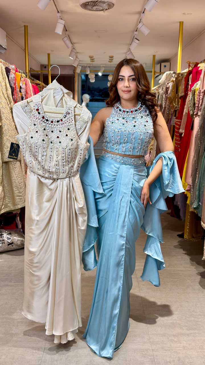 Designer Pre-Draped Saree with Embellished Halter Blouse