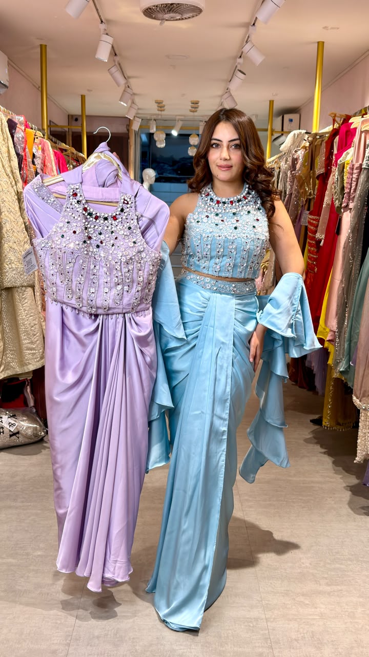 Designer Pre-Draped Saree with Embellished Halter Blouse
