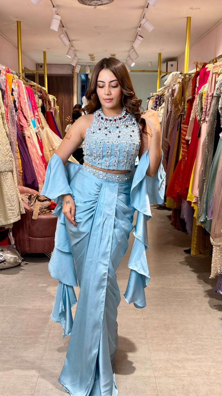 Designer Pre-Draped Saree with Embellished Halter Blouse
