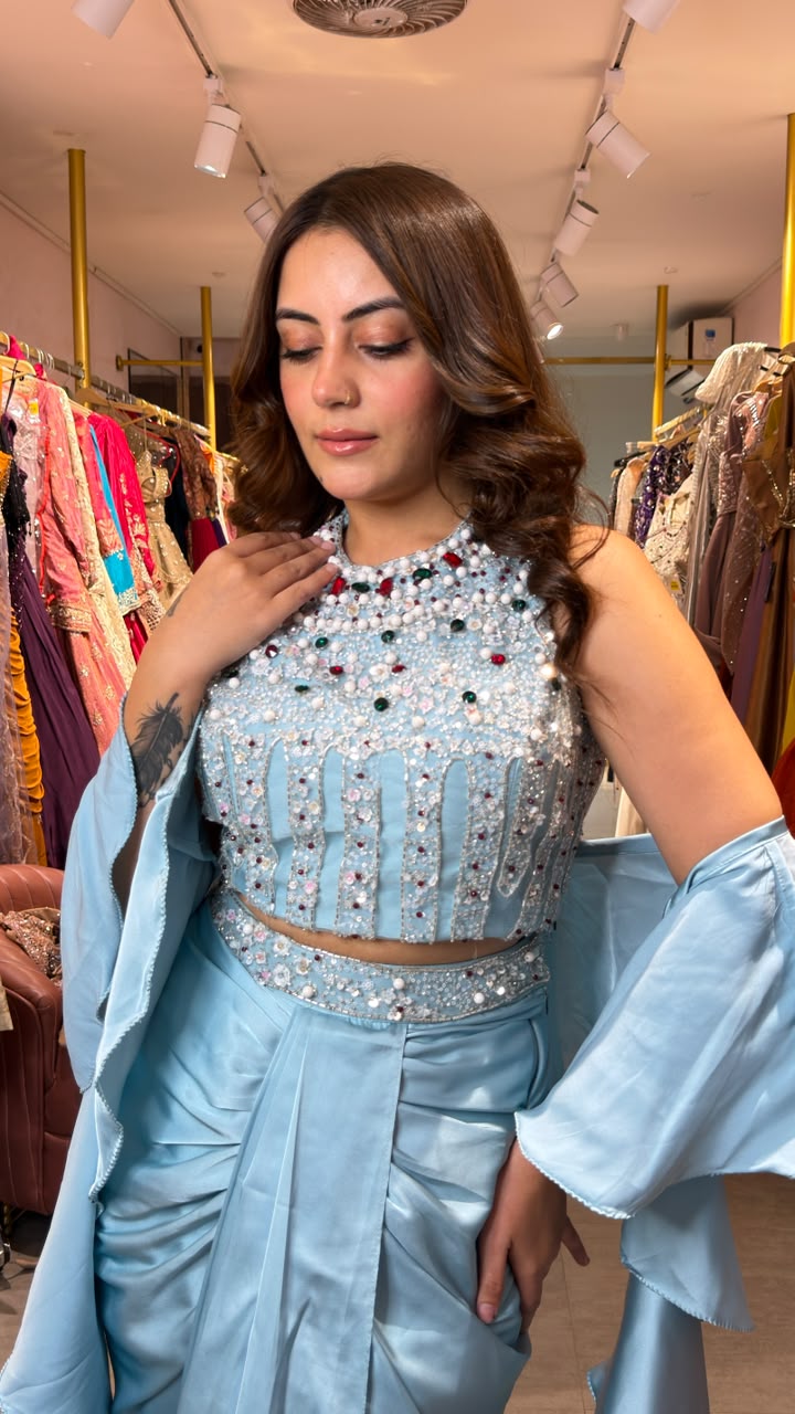 Designer Pre-Draped Saree with Embellished Halter Blouse