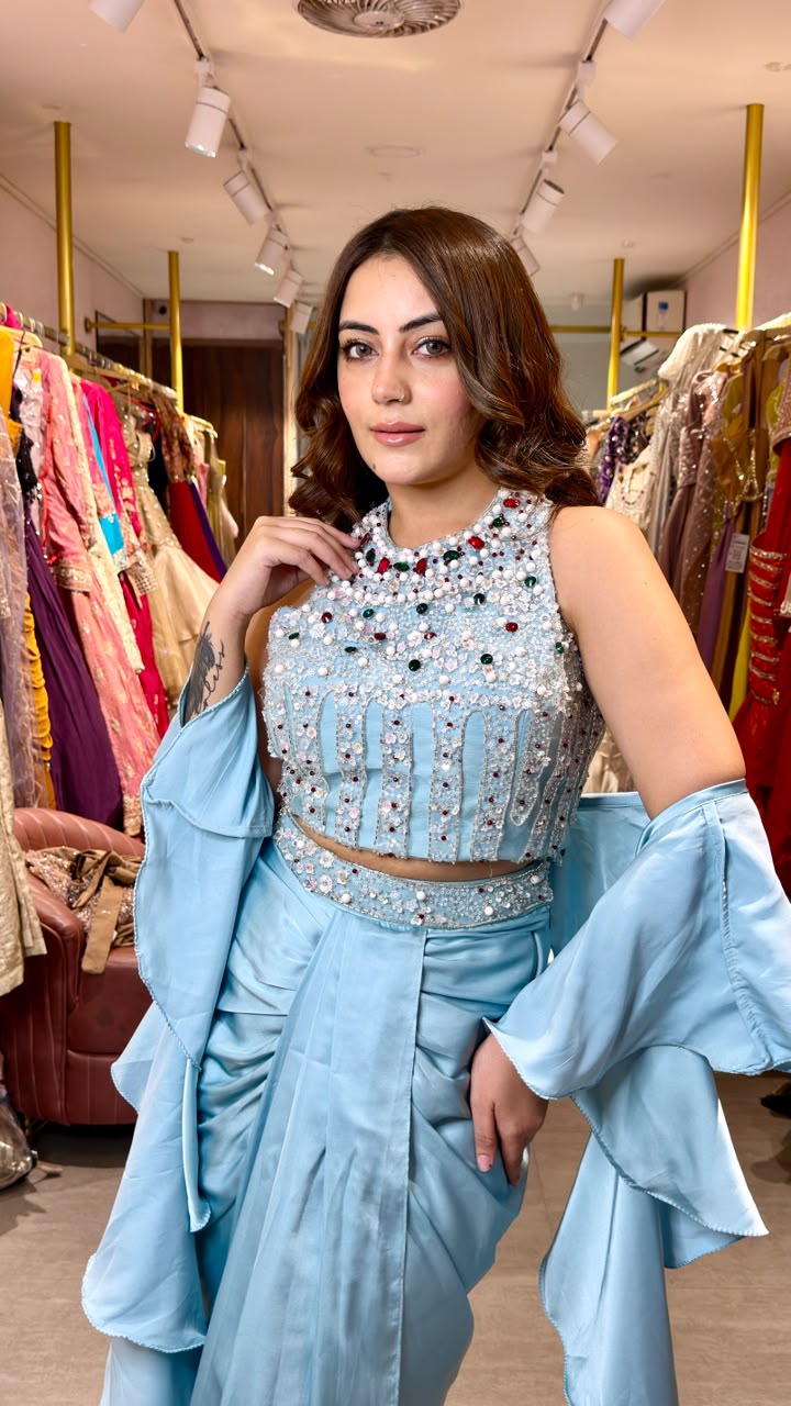 Designer Pre-Draped Saree with Embellished Halter Blouse
