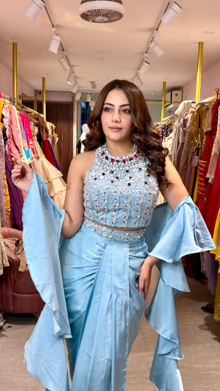 Designer Pre-Draped Saree with Embellished Halter Blouse