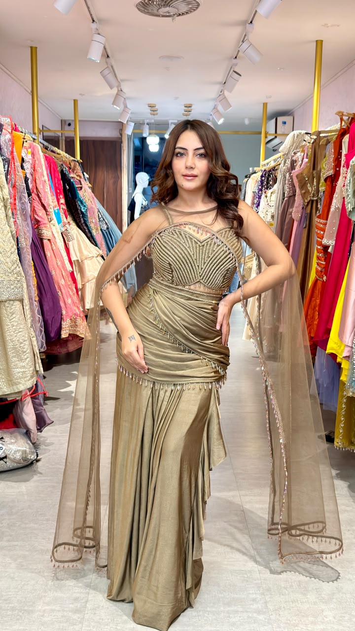 Contemporary Draped Gown with Cape Sleeves