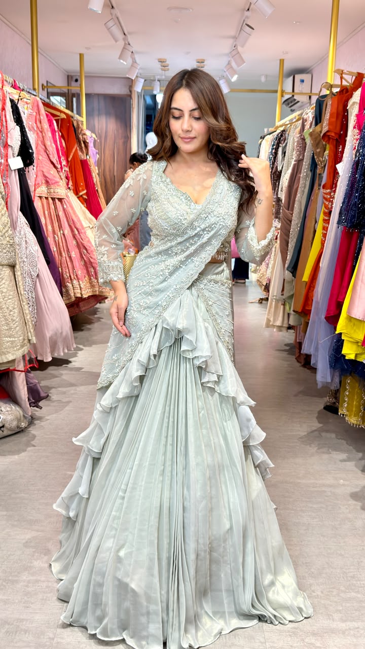 Designer Pre-Draped Ruffle Saree with Embellished Blouse