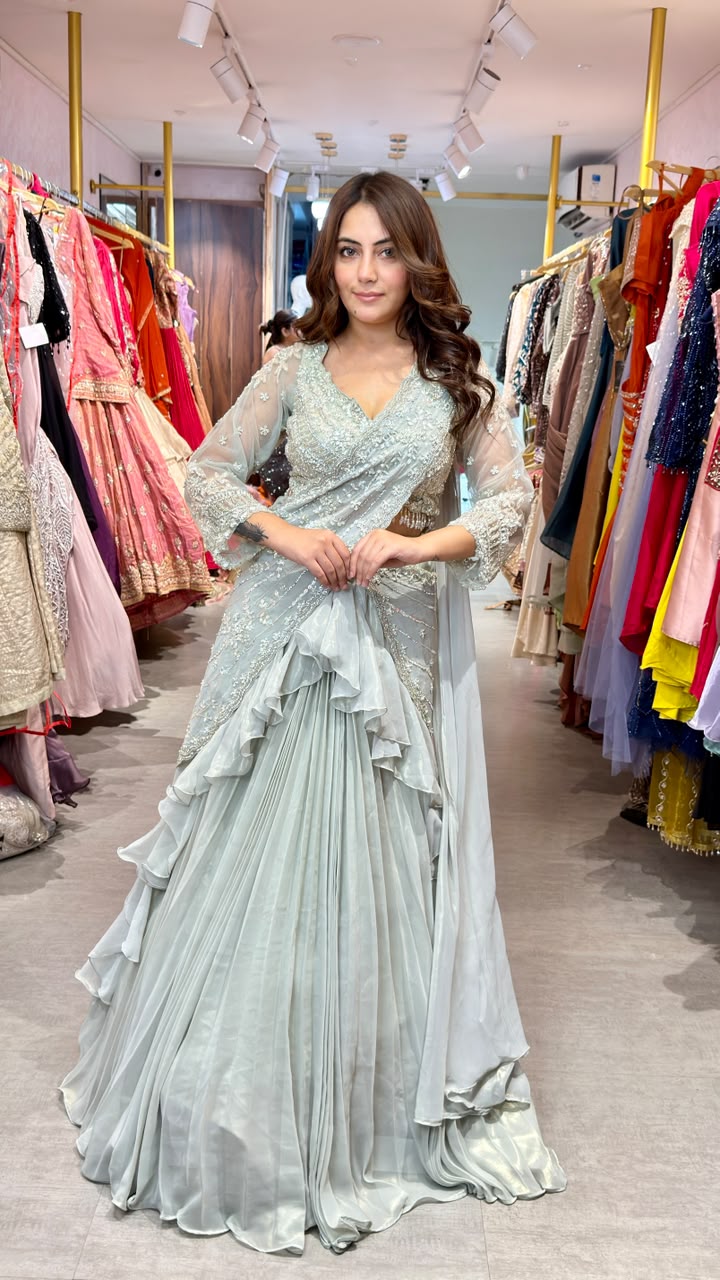Designer Pre-Draped Ruffle Saree with Embellished Blouse