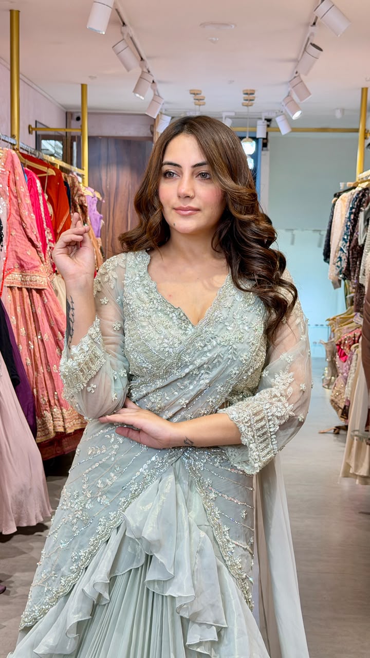 Designer Pre-Draped Ruffle Saree with Embellished Blouse