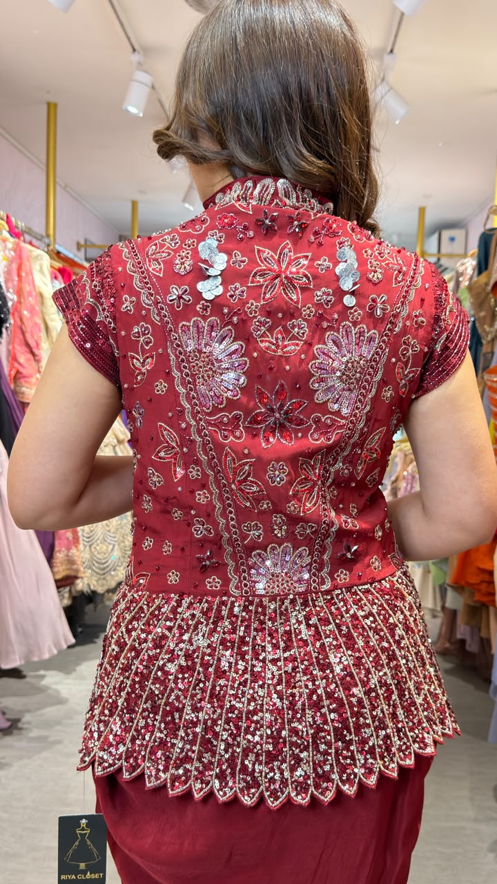 Embellished Peplum Jacket with Satin Drape Skirt Set