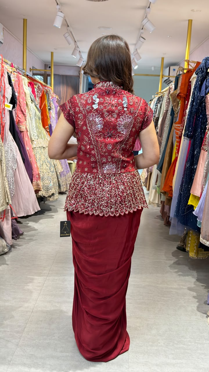 Embellished Peplum Jacket with Satin Drape Skirt Set