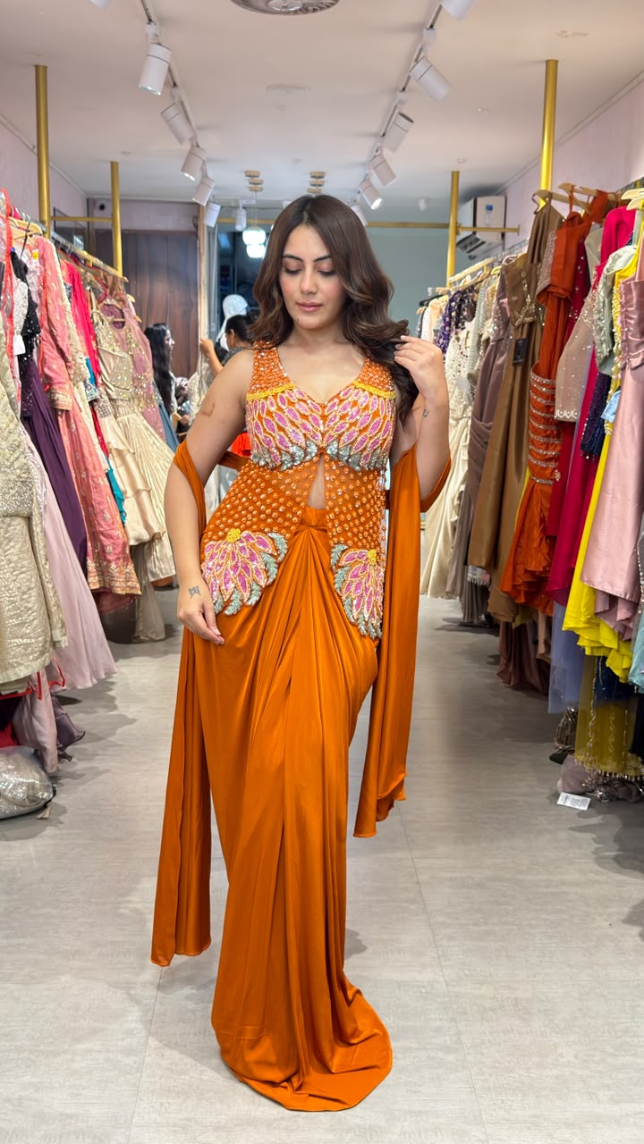 Designer Draped Gown Saree with Embellished Bodice