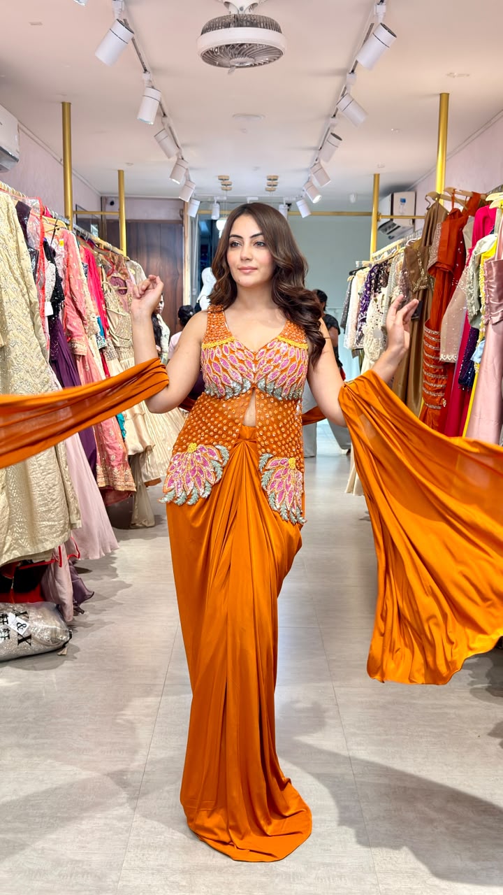 Designer Draped Gown Saree with Embellished Bodice