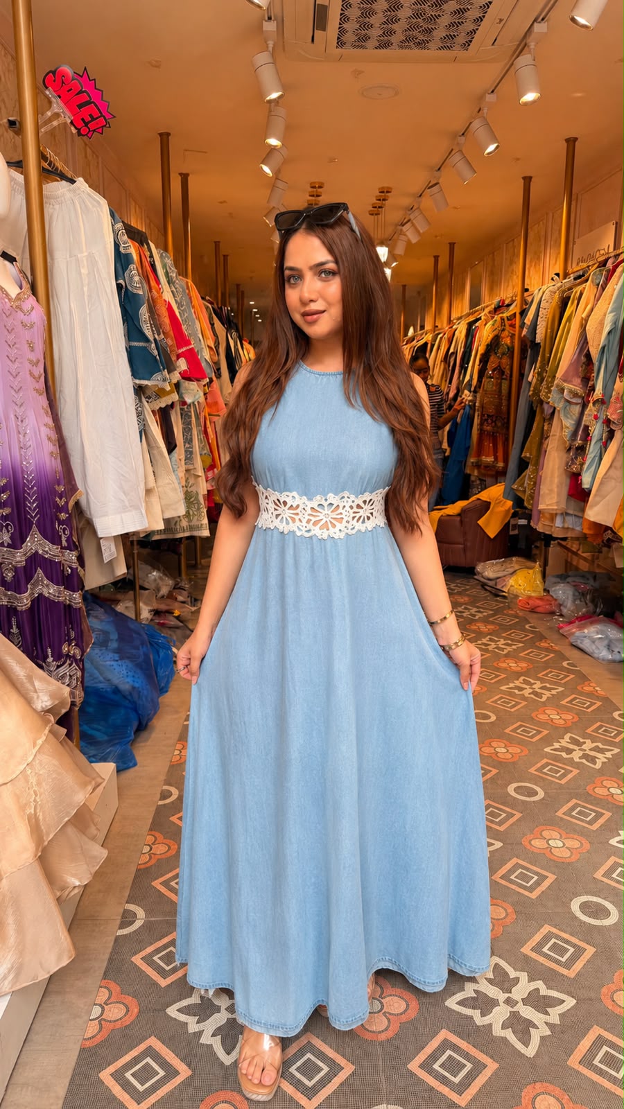 Denim Look Sleeveless Maxi Dress with Crochet Lace Cut-Out Back