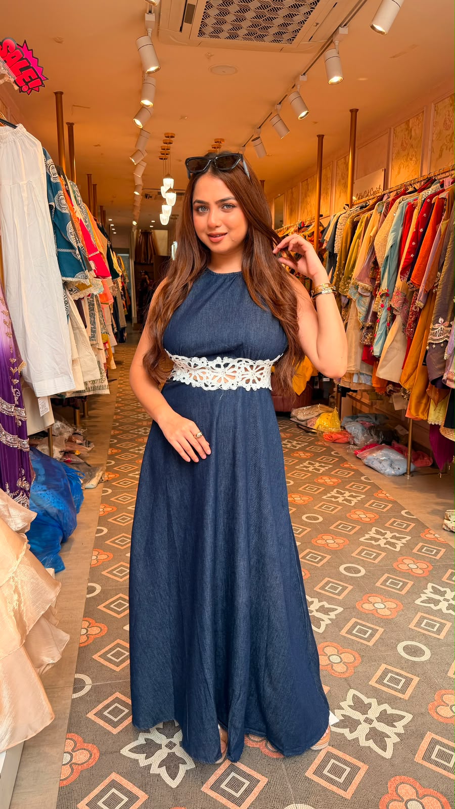 Denim Look Sleeveless Maxi Dress with Crochet Lace Cut-Out Back