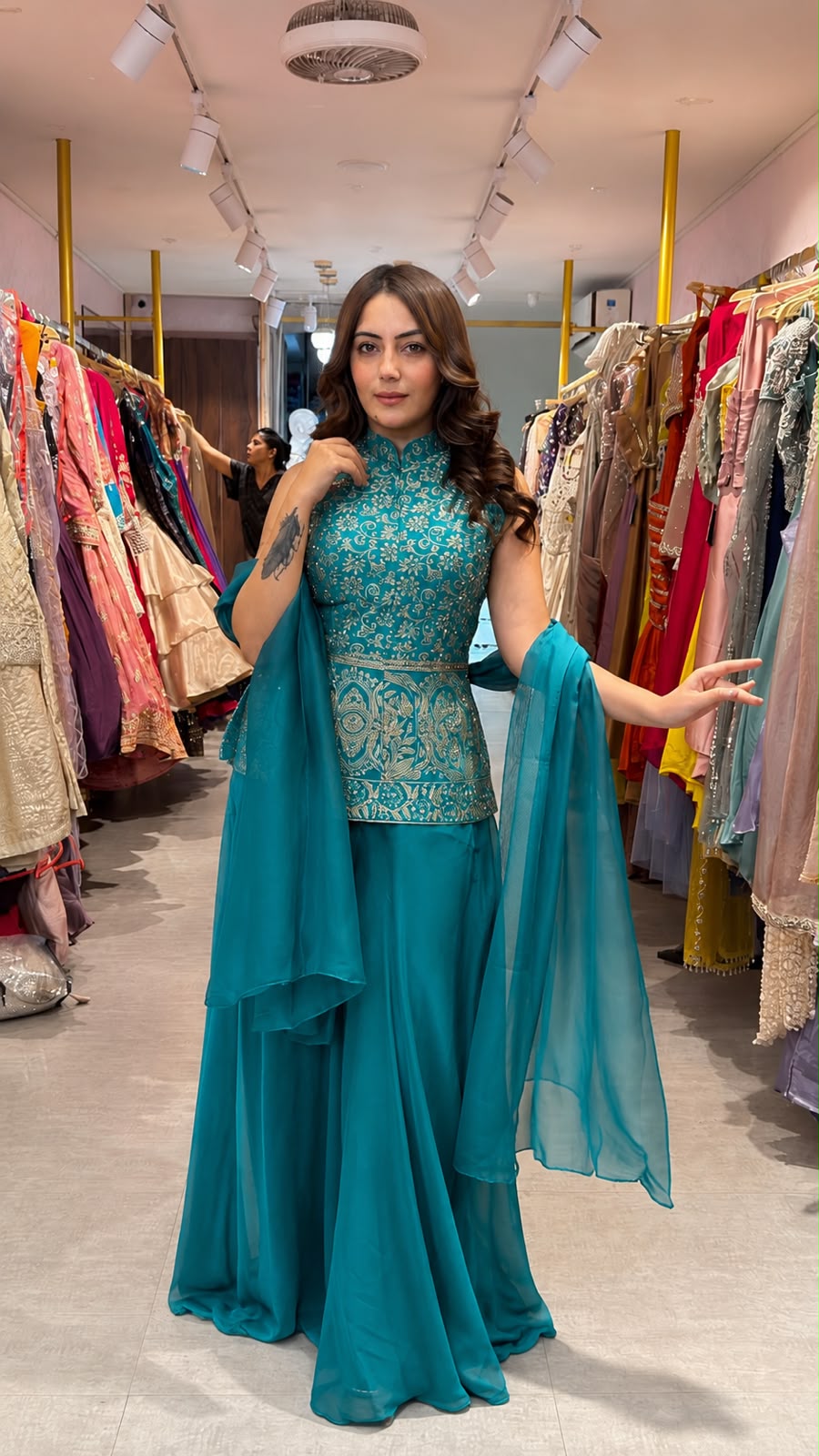 High-Neck Embroidered Peplum Sharara Set