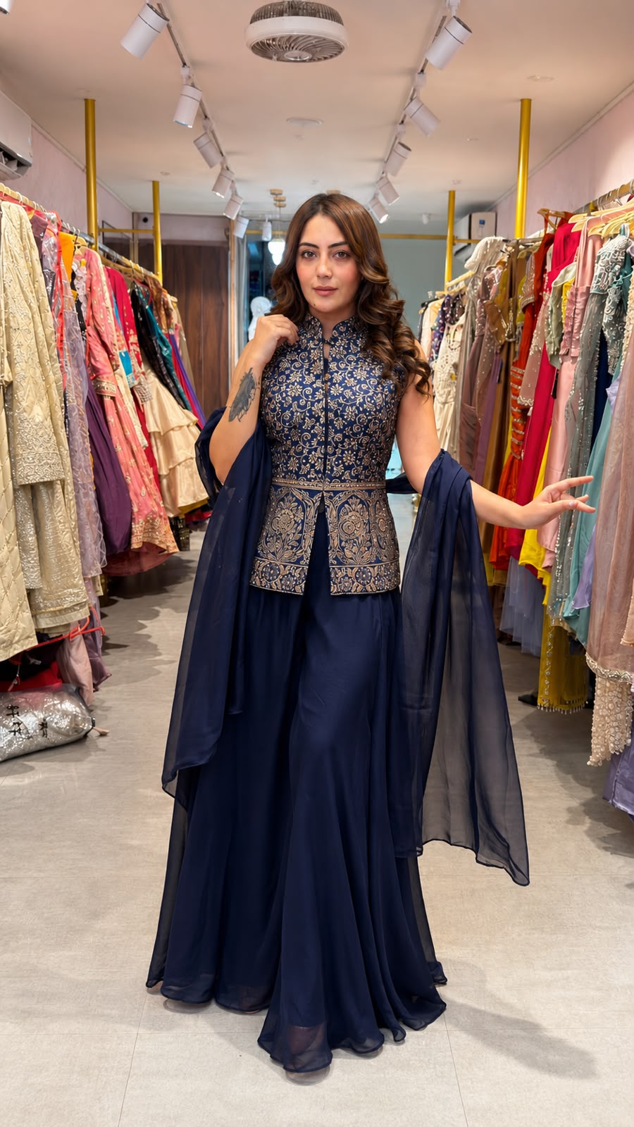 High-Neck Embroidered Peplum Sharara Set