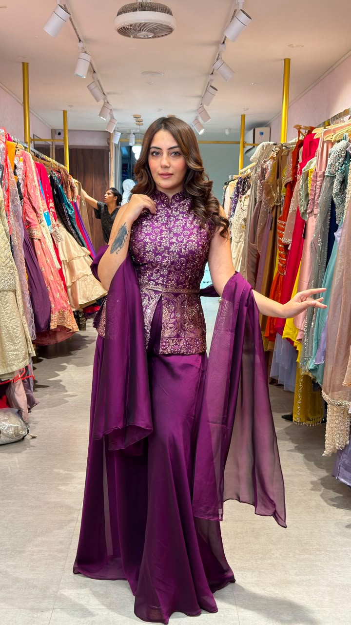High-Neck Embroidered Peplum Sharara Set