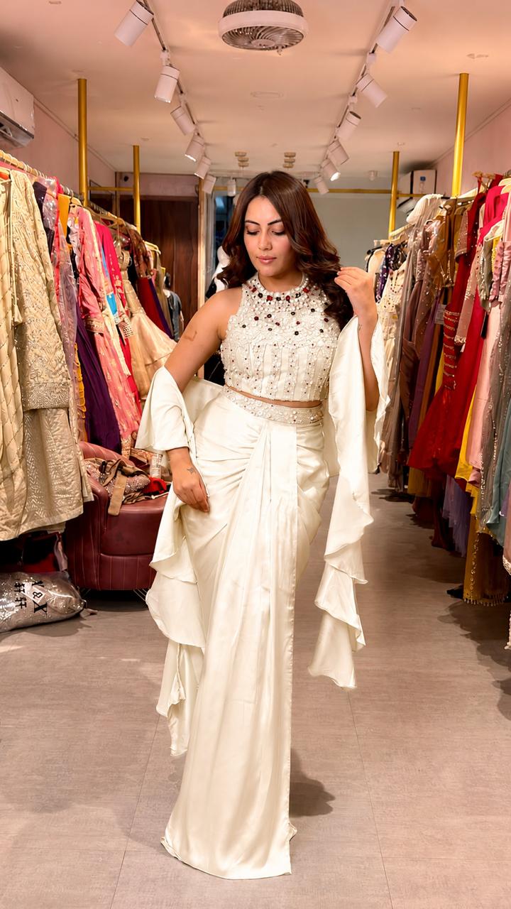 Designer Pre-Draped Saree with Embellished Halter Blouse
