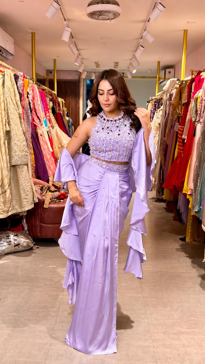 Designer Pre-Draped Saree with Embellished Halter Blouse