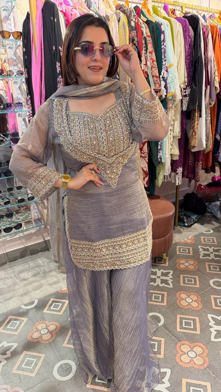 Sage Green Embroidered Sharara Suit Set