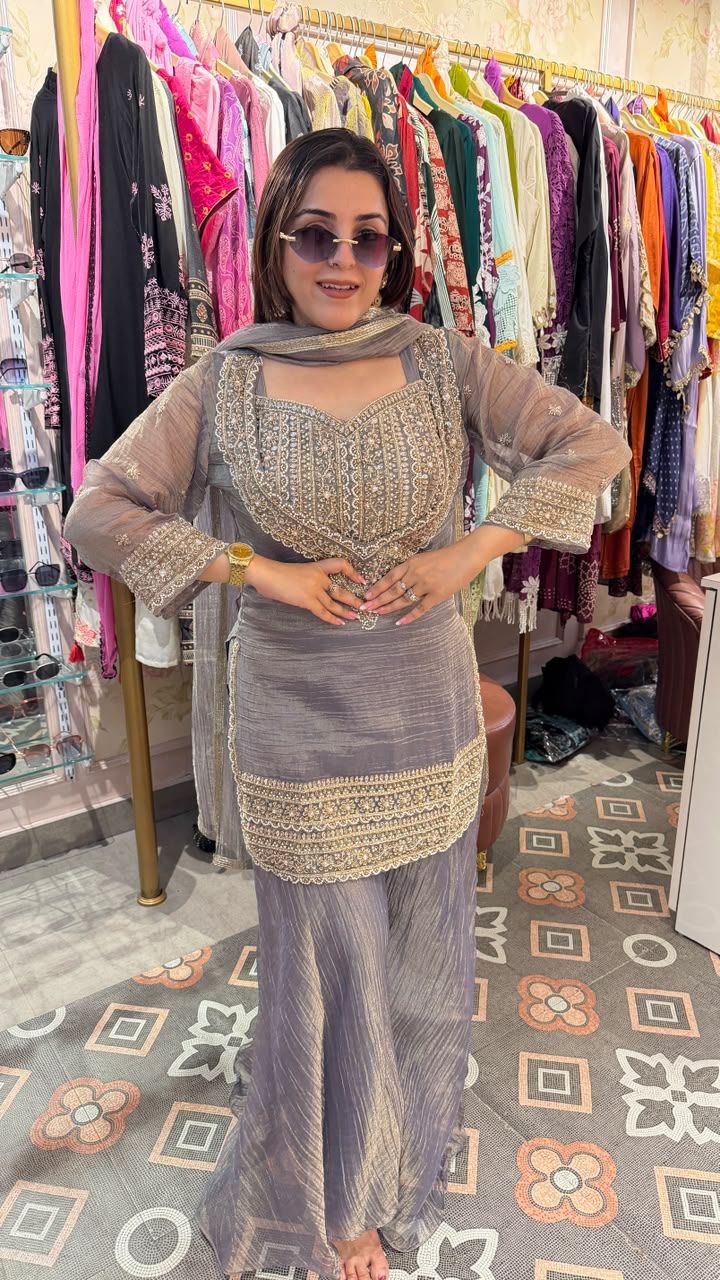 Sage Green Embroidered Sharara Suit Set