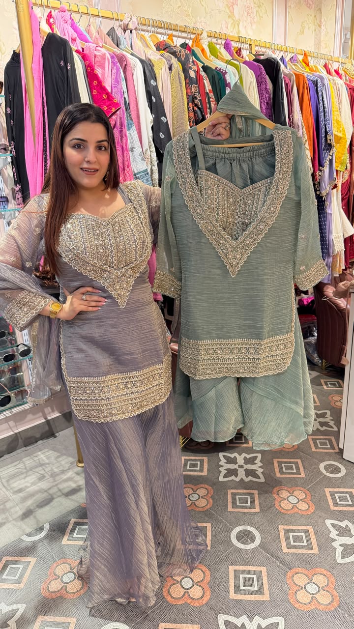 Sage Green Embroidered Sharara Suit Set
