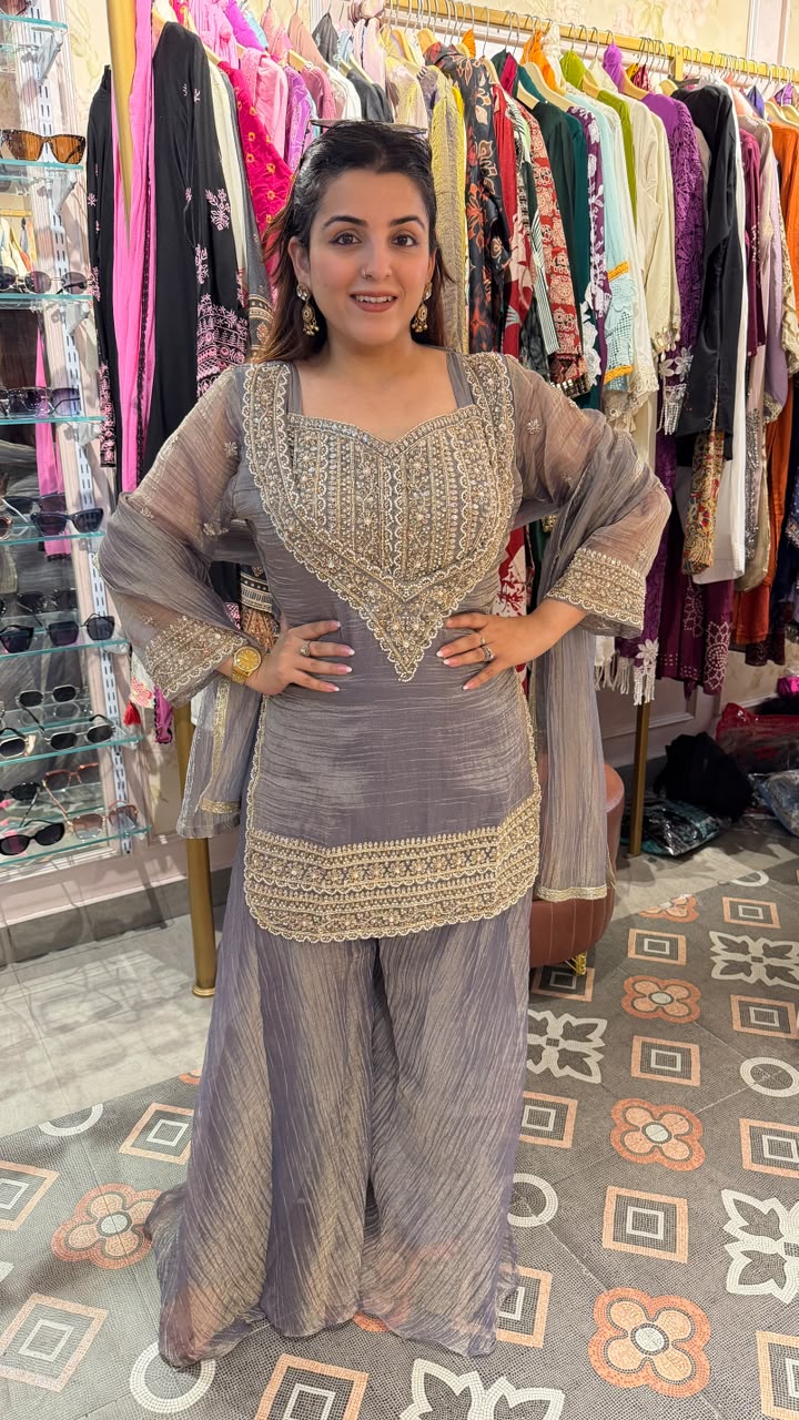 Sage Green Embroidered Sharara Suit Set