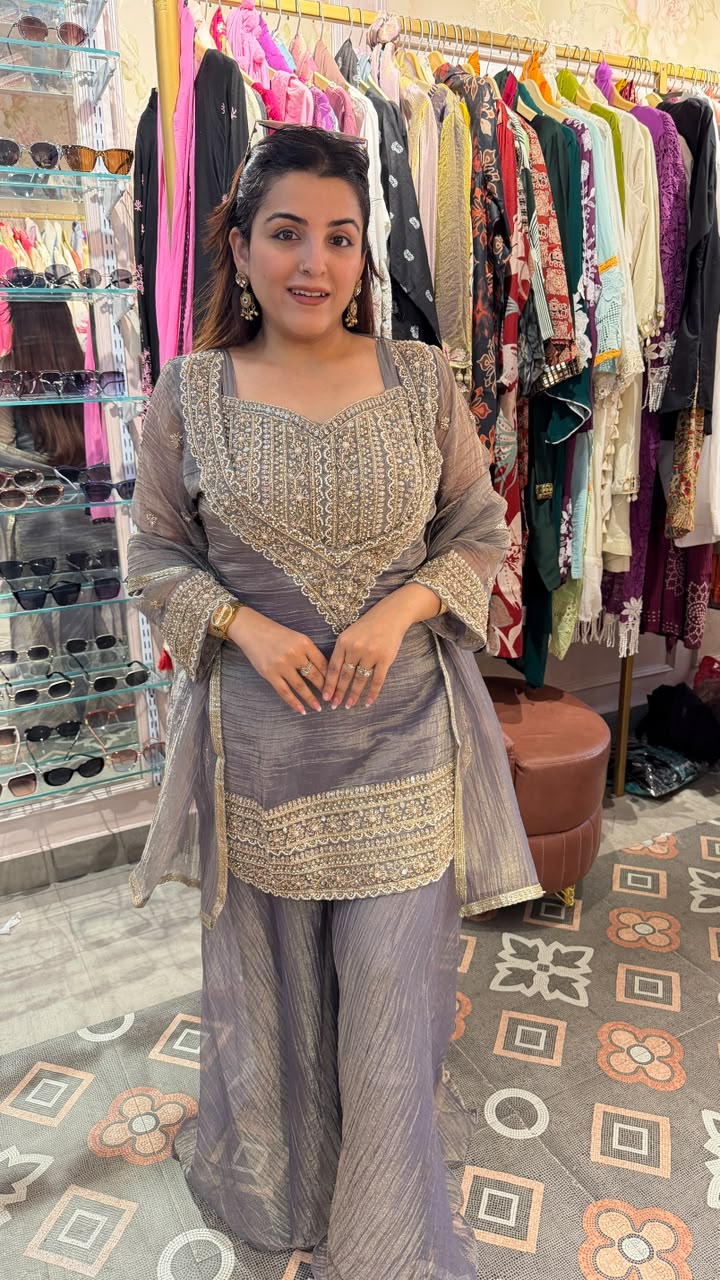 Sage Green Embroidered Sharara Suit Set
