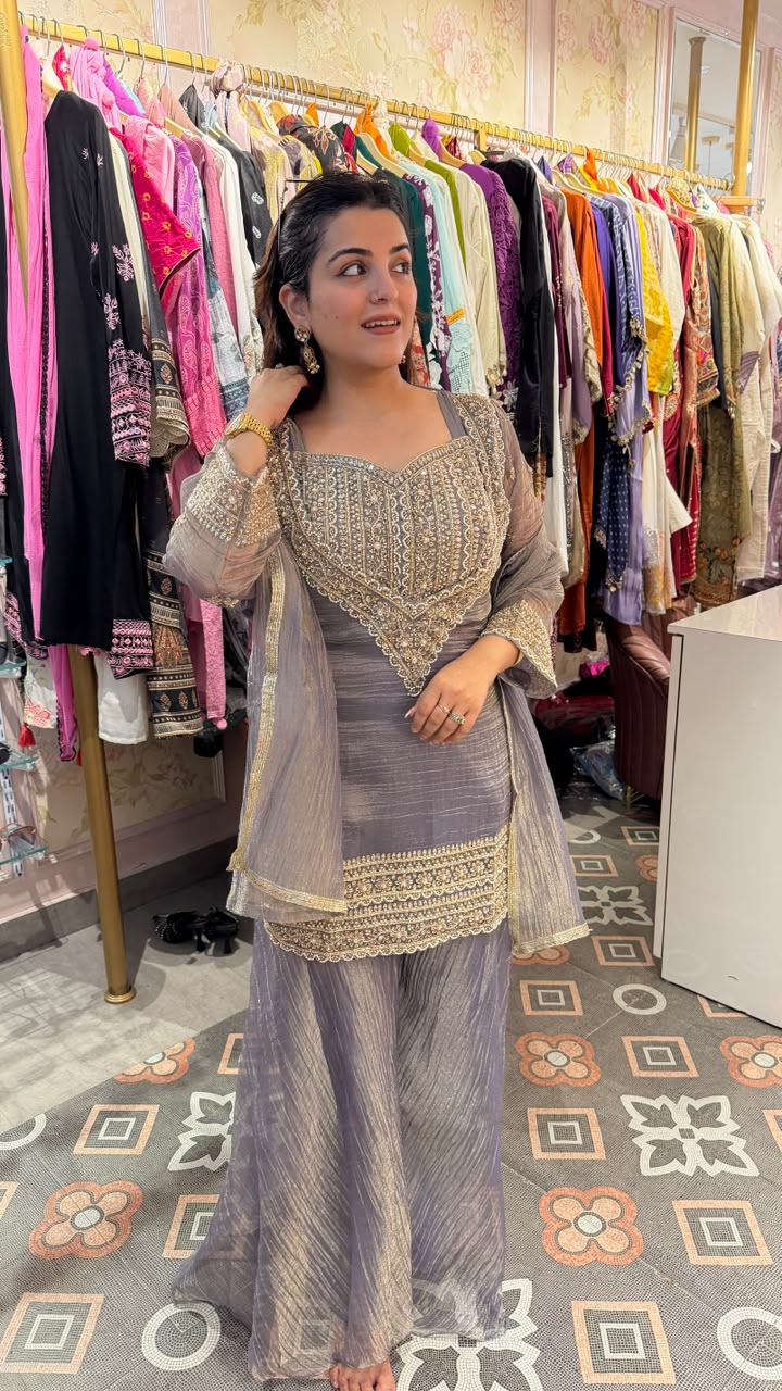 Sage Green Embroidered Sharara Suit Set