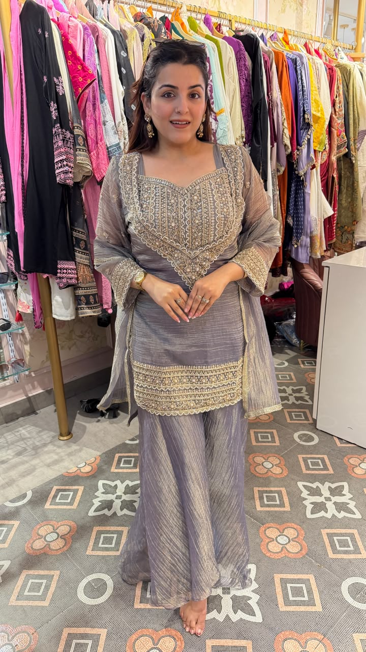 Sage Green Embroidered Sharara Suit Set