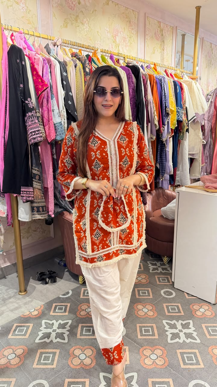 Ethnic Printed Kurta Pant Co-ord Set with Matching Potli Bag
