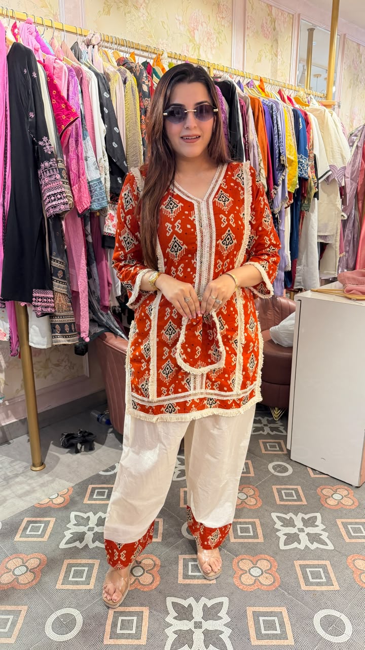 Ethnic Printed Kurta Pant Co-ord Set with Matching Potli Bag