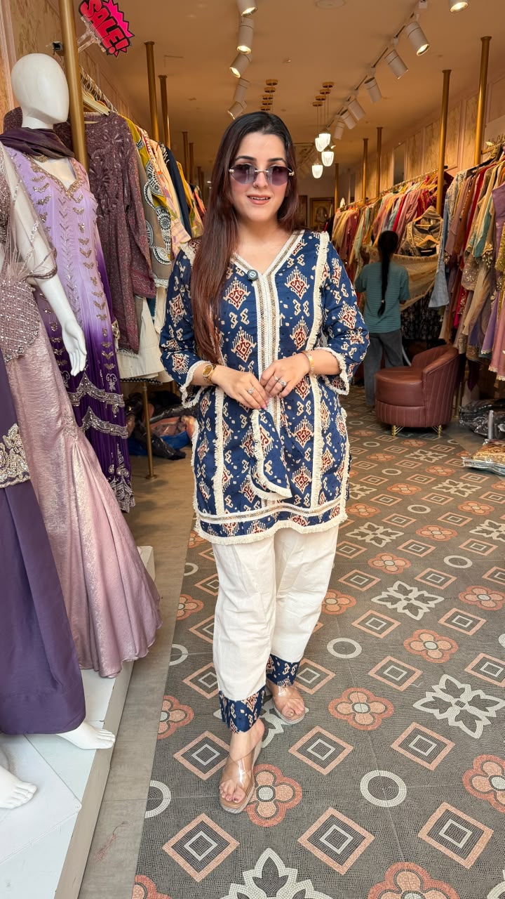 Ethnic Printed Kurta Pant Co-ord Set with Matching Potli Bag