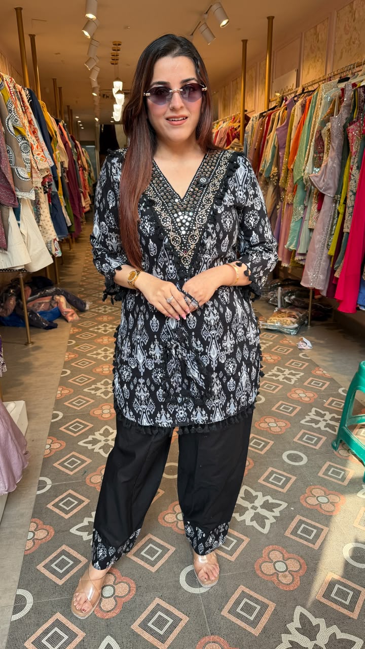 Black Ikat Print Kurta Palazzo Co-ord Set