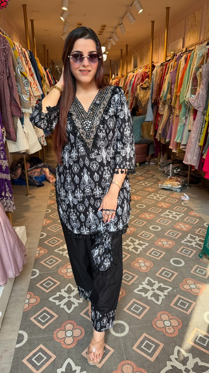 Black Ikat Print Kurta Palazzo Co-ord Set