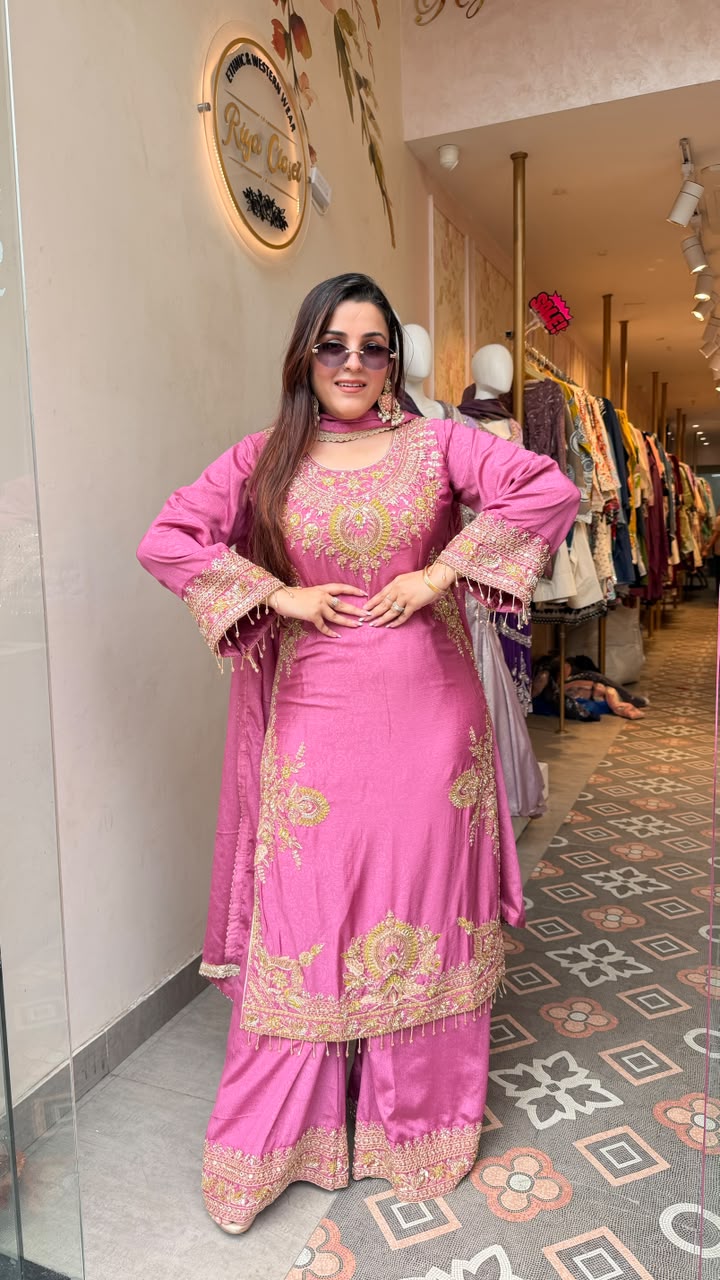 Luxury Embroidered Pakistani Straight Kurta Set with Sharara & Dupatta