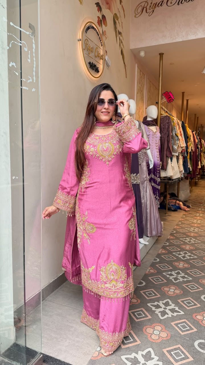 Luxury Embroidered Pakistani Straight Kurta Set with Sharara & Dupatta