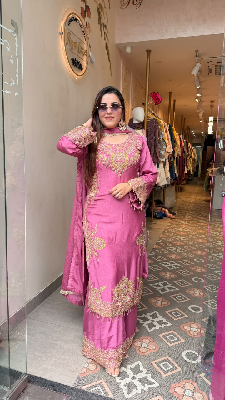 Luxury Embroidered Pakistani Straight Kurta Set with Sharara & Dupatta