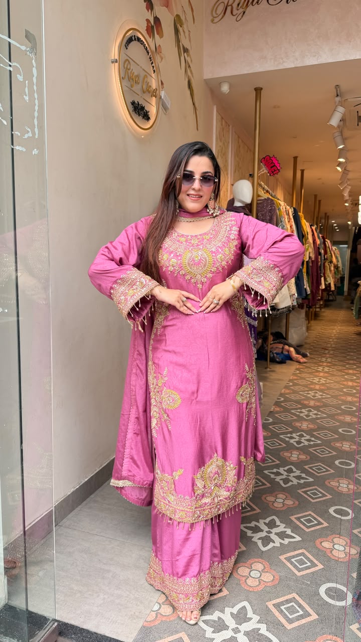 Luxury Embroidered Pakistani Straight Kurta Set with Sharara & Dupatta