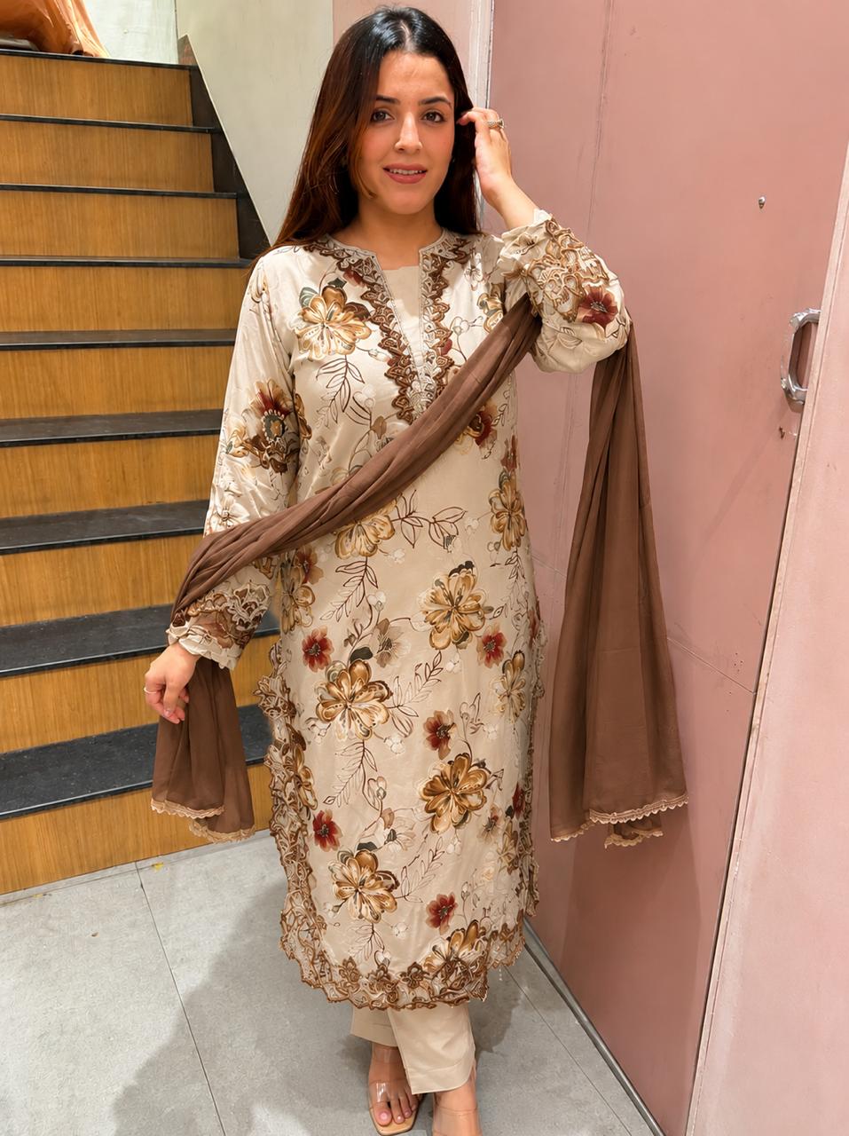 Printed kurta suit with thread lace border and matching plain dupatta