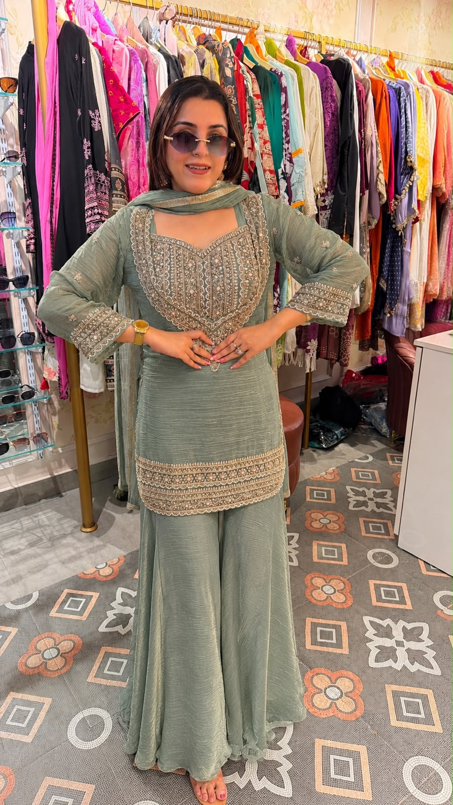 Sage Green Embroidered Sharara Suit Set