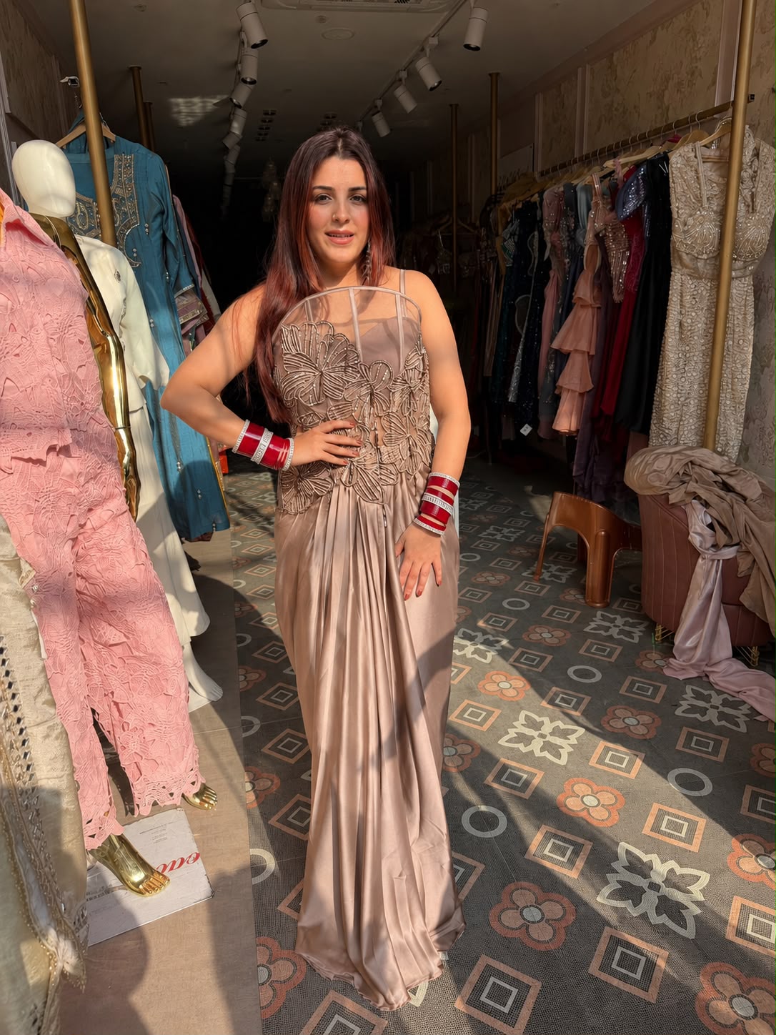 3D Floral Appliqué Satin Evening Gown