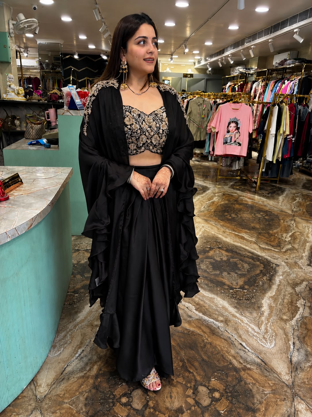 Champagne Satin Ruffle Saree with Embellished Blouse & Cape