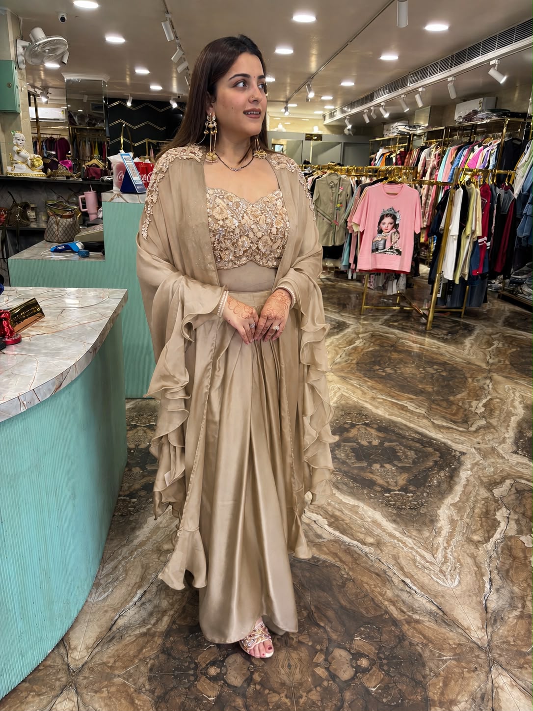 Champagne Satin Ruffle Saree with Embellished Blouse & Cape