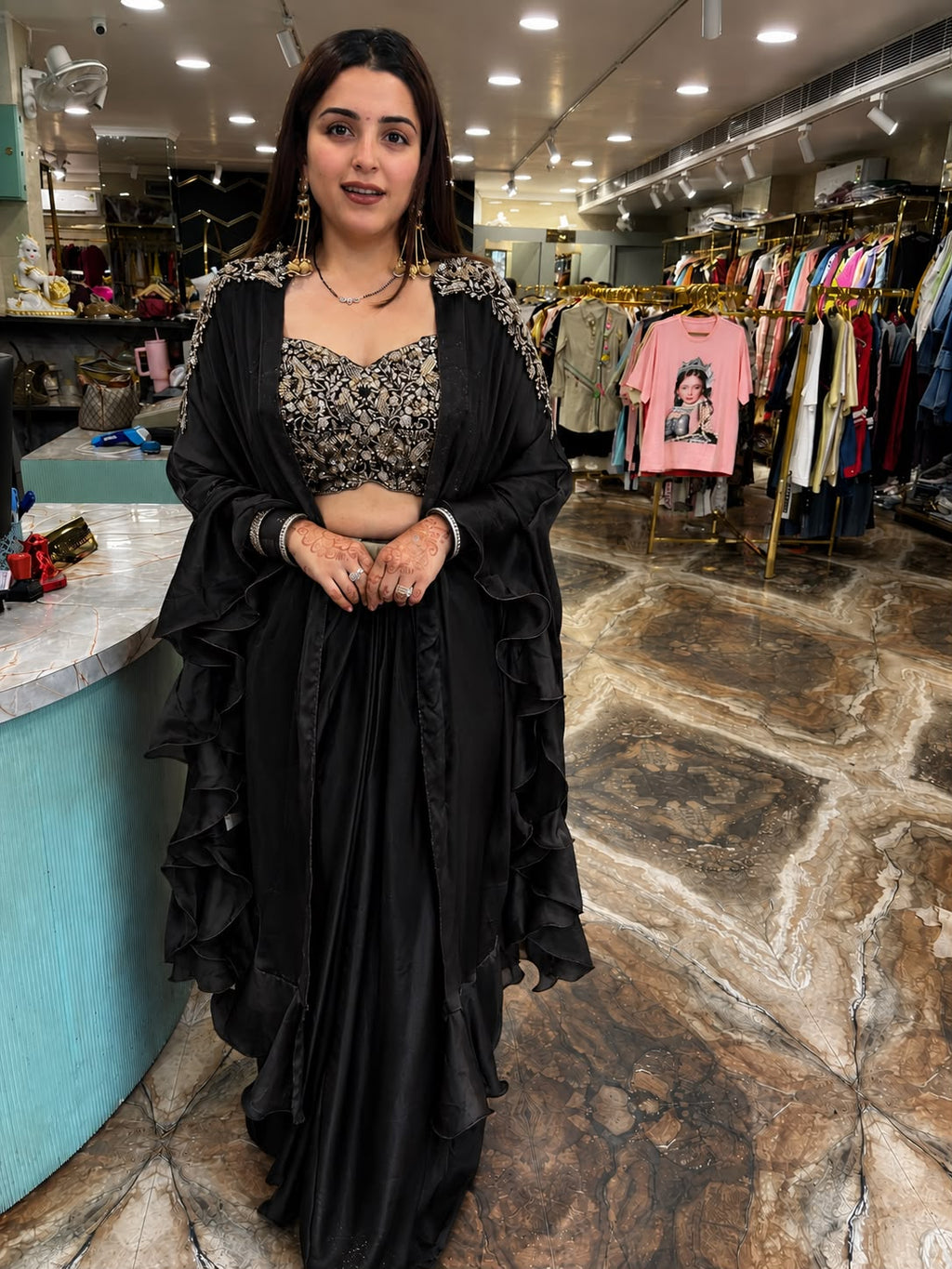 Champagne Satin Ruffle Saree with Embellished Blouse & Cape