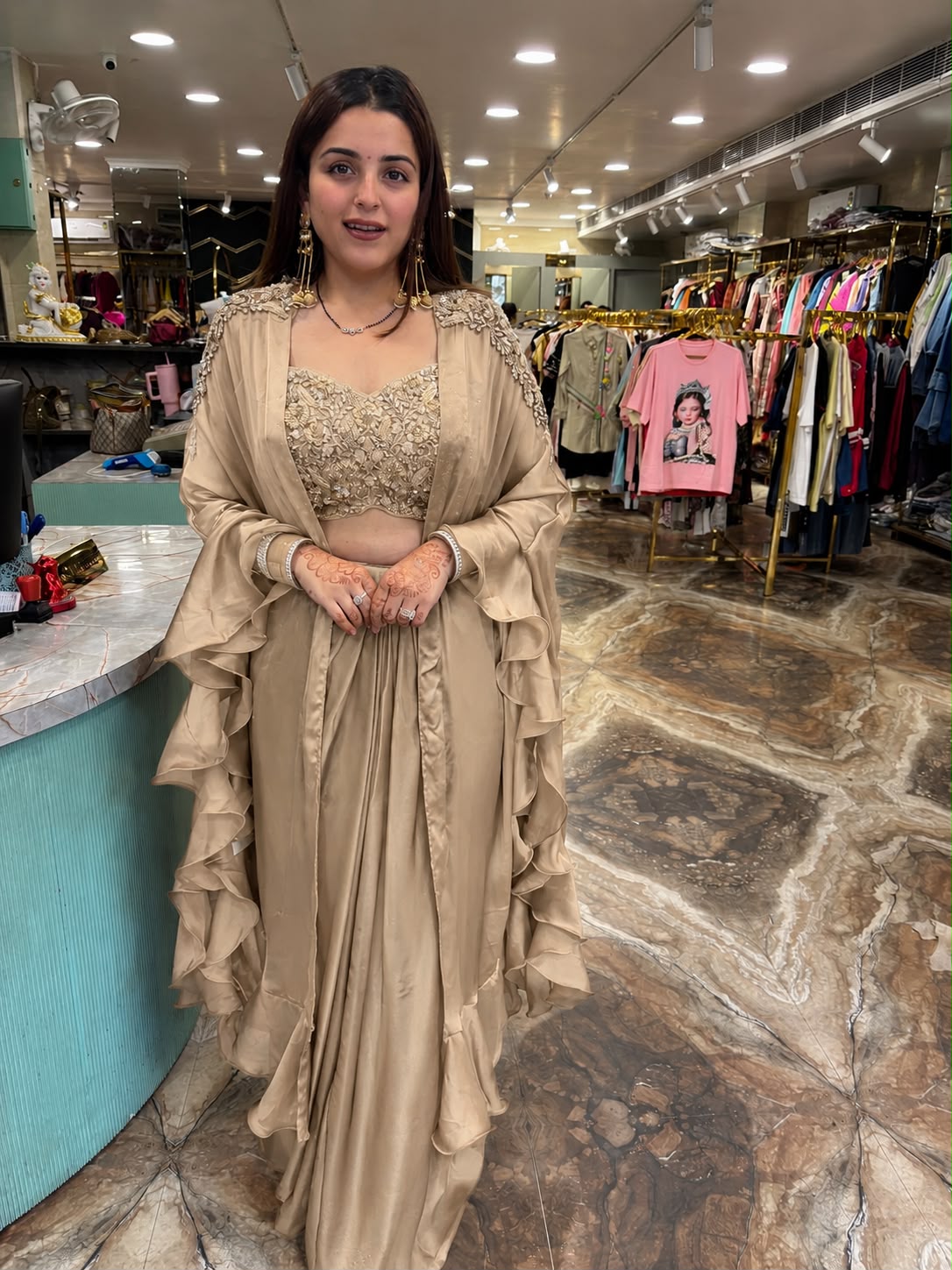 Champagne Satin Ruffle Saree with Embellished Blouse & Cape
