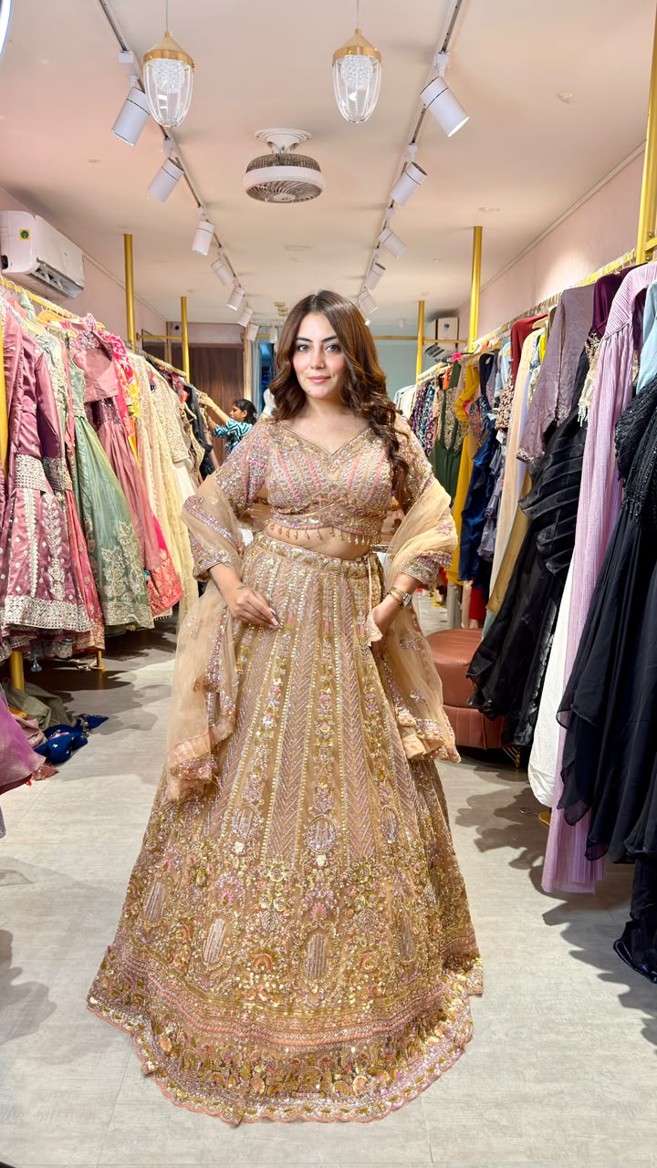 Luxury Bridal Lehenga Set with Embellished Blouse & Net Dupatta